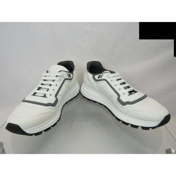 NIB PRADA 4E3382 WHITE NYLON GRAY GABARDINE LOGO PLATFORM SNEAKERS 8.5 / US 9.5 main image 3